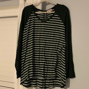 Molly & Isadora long sleeve, dark green with white stripes shirt. Size 3X